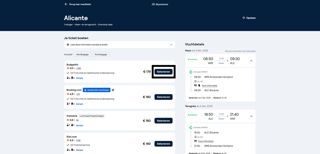 Skyscanner booking service selection