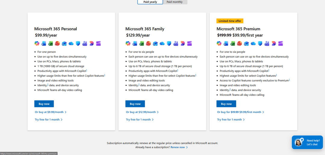 Выбор тарифа Microsoft 365