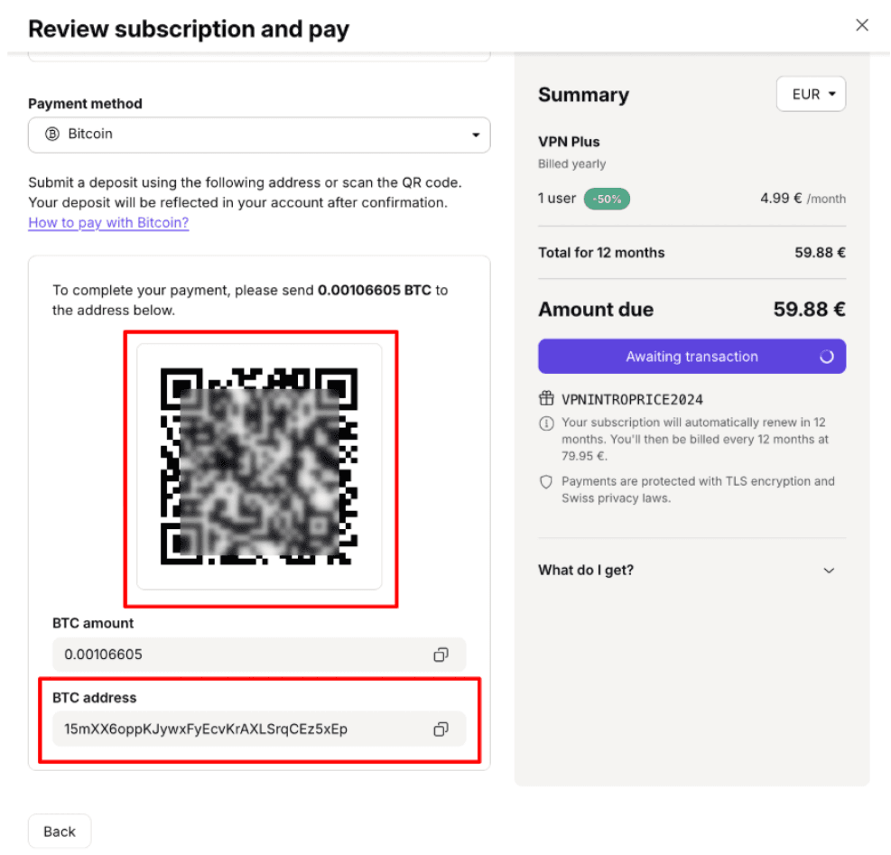 BTC payment instruction example