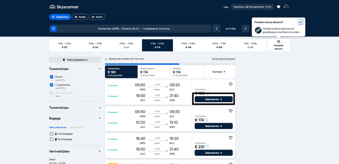 Skyscanner ticket selection