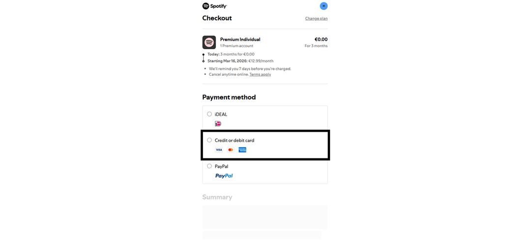 Выбор способа оплаты в Spotify