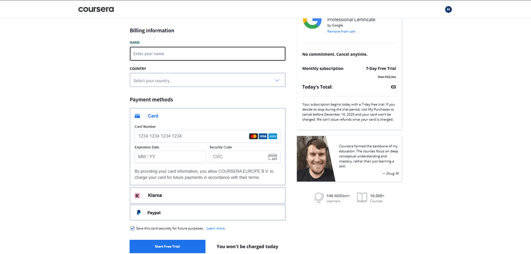 Coursera payment form