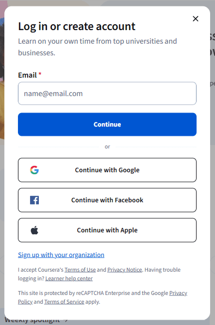 Coursera login page