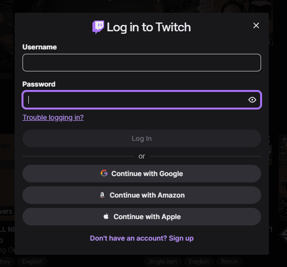 Страница входа в Twitch